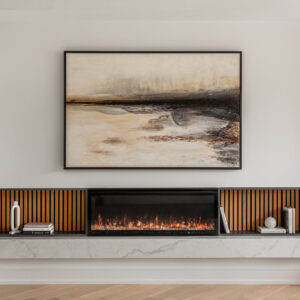 A modern living room focal point featuring a large framed abstract landscape painting in earth tones mounted above a sleek, built-in linear electric fireplace. The fireplace is symmetrically flanked by dark open shelving with vertical wood slat backings, minimally styled with books and white ceramic decor. The entire unit rests on a thick, floating white marble hearth over light wood flooring.